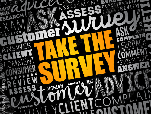 Take the Survey - take part in a questionnaire, to give one's opinion, word cloud concept background