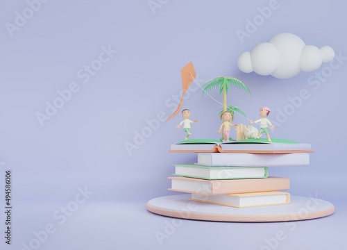 children book illustration background with the child playing kite 3d Render