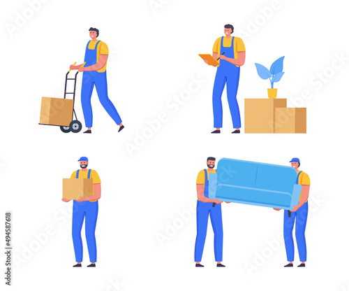 Character collection. Delivery men moving boxes to a new house, holding sofa. Moving service, delivery service, relocation concept. Set of courier flat vector illustration.
