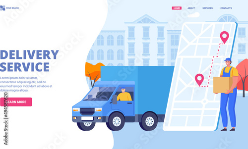 Delivery men holding parcel. Shipping, delivery, moving service, delivery service, relocation application. Courier flat vector illustration. Web site, landing page, banner, hero image.