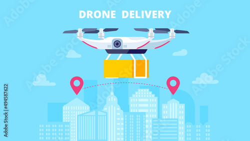 Quadcopter carrying box in the city. Drone delivery concept. Flat vector illustration. Web site, landing page, banner, hero image.