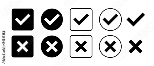 Check mark and Cross mark black icon set. Isolated tick symbols. Checklist signs. Right and wrong sign concept. Flat and modern checkmark design. Vector illustration