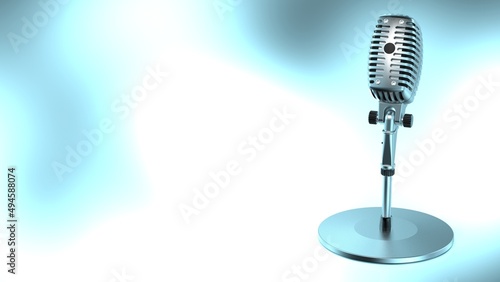 Metallic silver retro microphone under sky-blue flash lighting background. Concept image of justice declaration, first stage, telecommute and remote-work. 3D CG. 3D illustration.