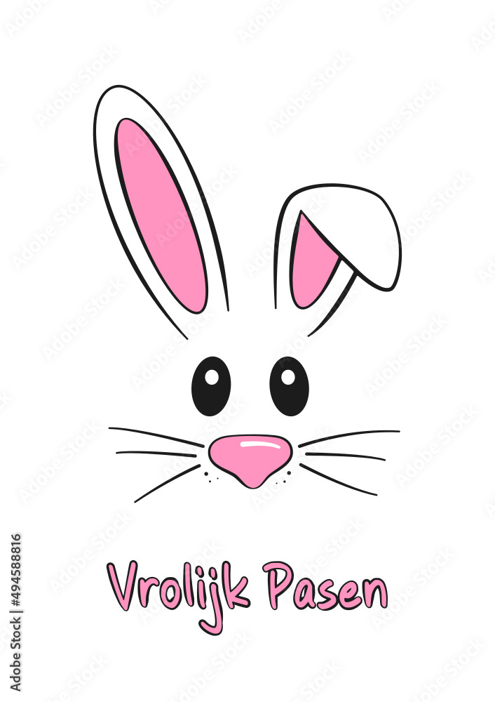 Fototapeta premium Dutch text Vrolijk Pasen. Happy Easter vector lettering and bunny. Isolated on white background