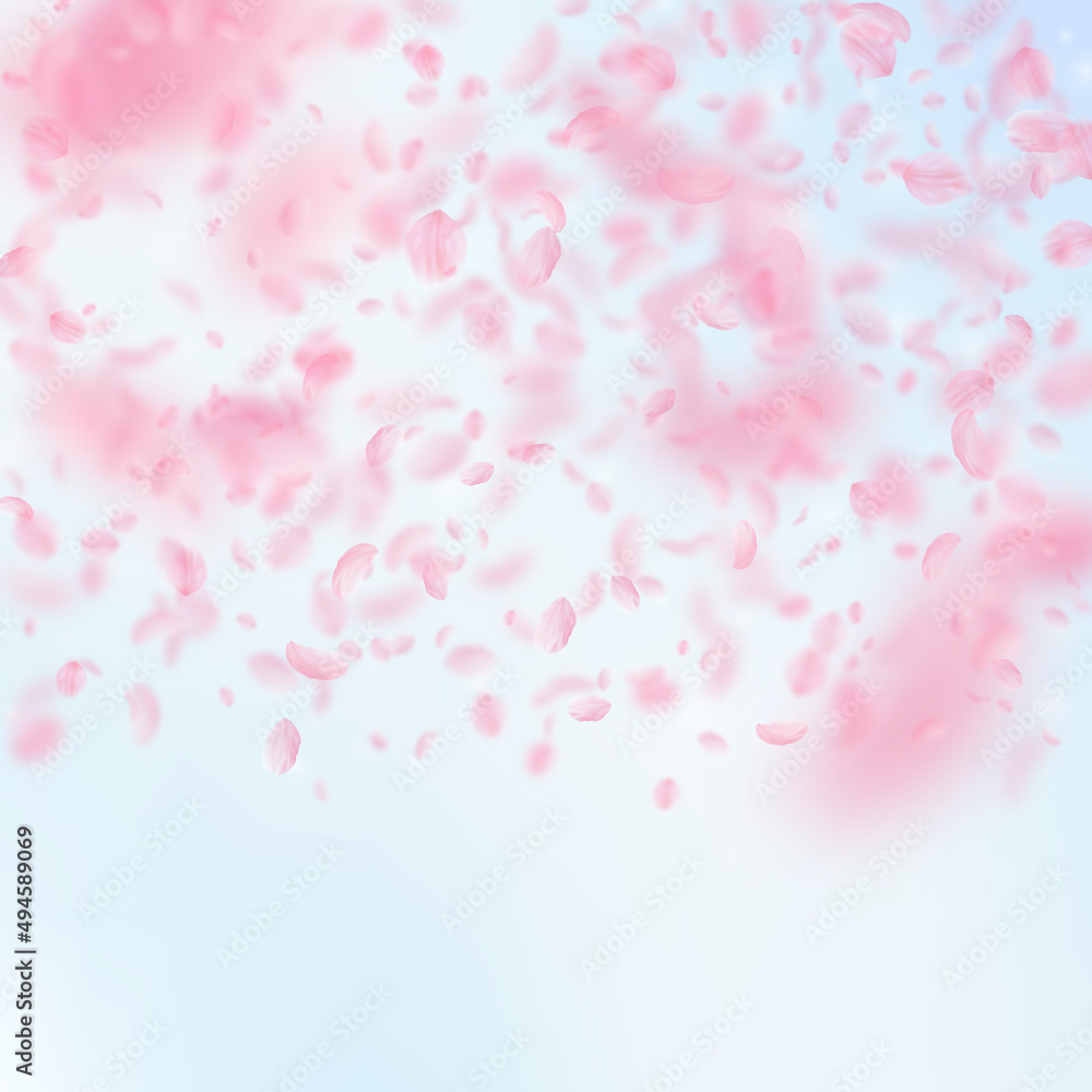 Sakura petals falling down. Romantic pink flowers gradient. Flying petals on blue sky square background. Love, romance concept. Wondrous wedding invitation.