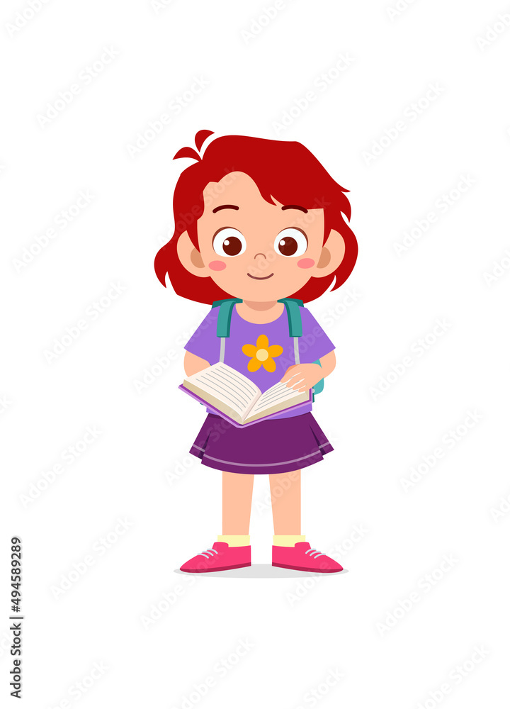 little kid standing and reading a story book little kid standing and reading a story book