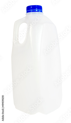 Empty plastic milk container with blue cap.