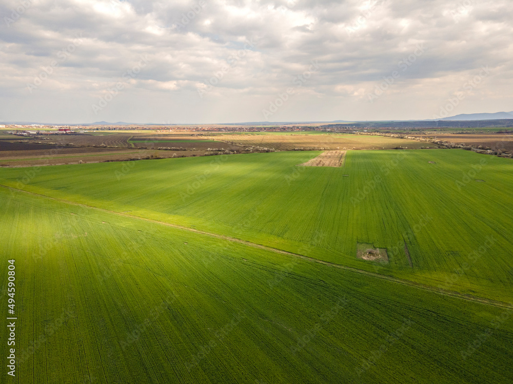Obraz premium Aerial view of Upper Thracian Plain near town of Parvomay, Plovdiv Region, Bulgaria