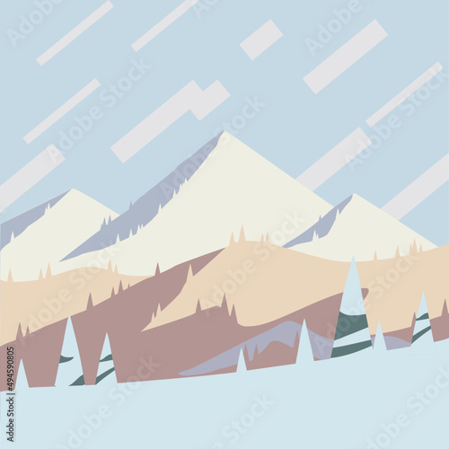Holiday at mountains flat design poster artwork. Sunset over the winter hills poster, landscape vector illustration. 