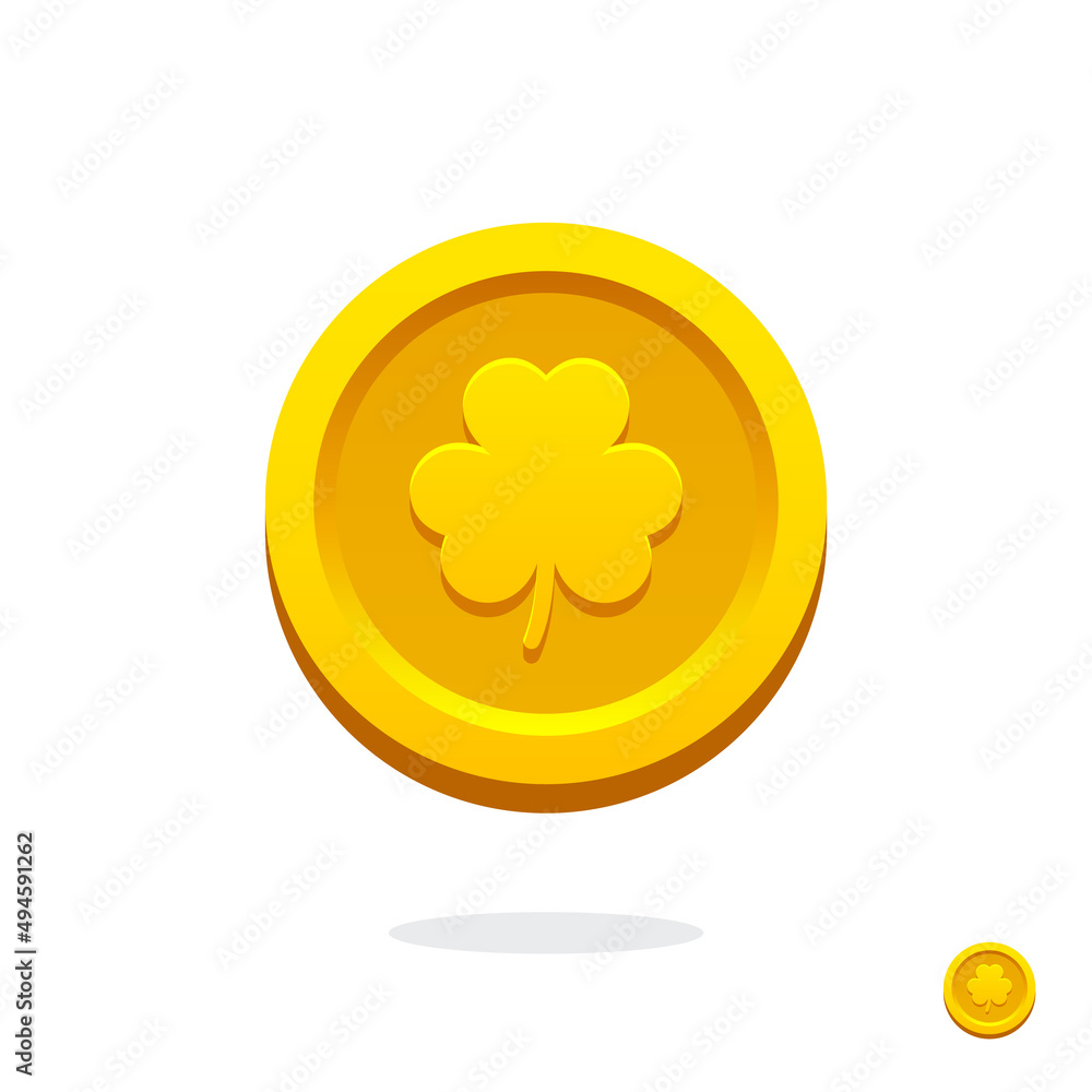 Golden leprechaun coin. Saint Patrick's Day golden coin. Coin icon. Money symbol. Golden coin with clover. St. Patrick's day symbol. Treasure sign. Golden leaf. Clover icon. Symbol of luck. Cash money Golden leprechaun coin. Saint Patrick's Day golden coin. Coin icon. Money symbol. Golden coin with clover. St. Patrick's day symbol. Treasure sign. Golden leaf. Clover icon. Symbol of luck. Cash money