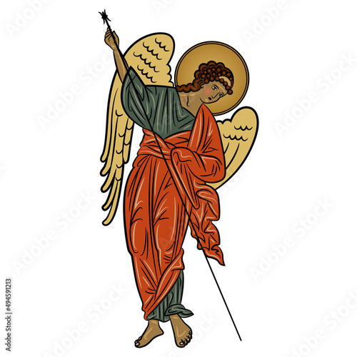 Winged medieval angel with spear. Russian Orthodox Christian design. Isolated vector illustration. On white background.