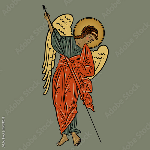 Winged medieval angel with spear. Russian Orthodox Christian design. Isolated vector illustration. On green background.