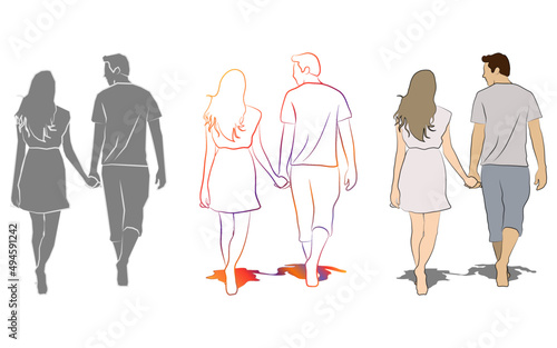 A couple holding hands and walking together. Line art.