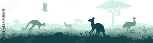 Seamless panorama of Australian plains with acacia tree, kangaroo, cockatoo, dingo, echidna, emu and eagle.