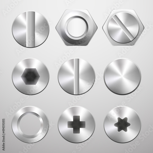 Set of screws head Icons, steel bolts, nuts, nails and rivets top view. Vector illustration