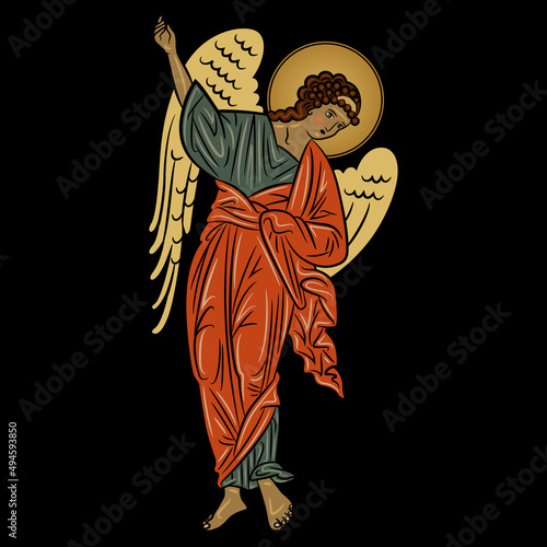 Winged medieval angel pointing up. Russian Orthodox Christian design. On black background.