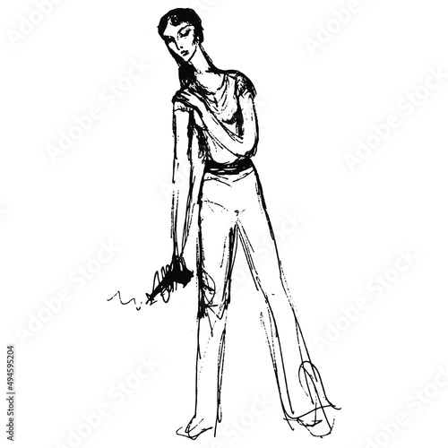 Standing young woman holding smoking gun. Hand drawn sketch. Recoil when shooting. Black and white silhouette. Isolated vector illustration.
