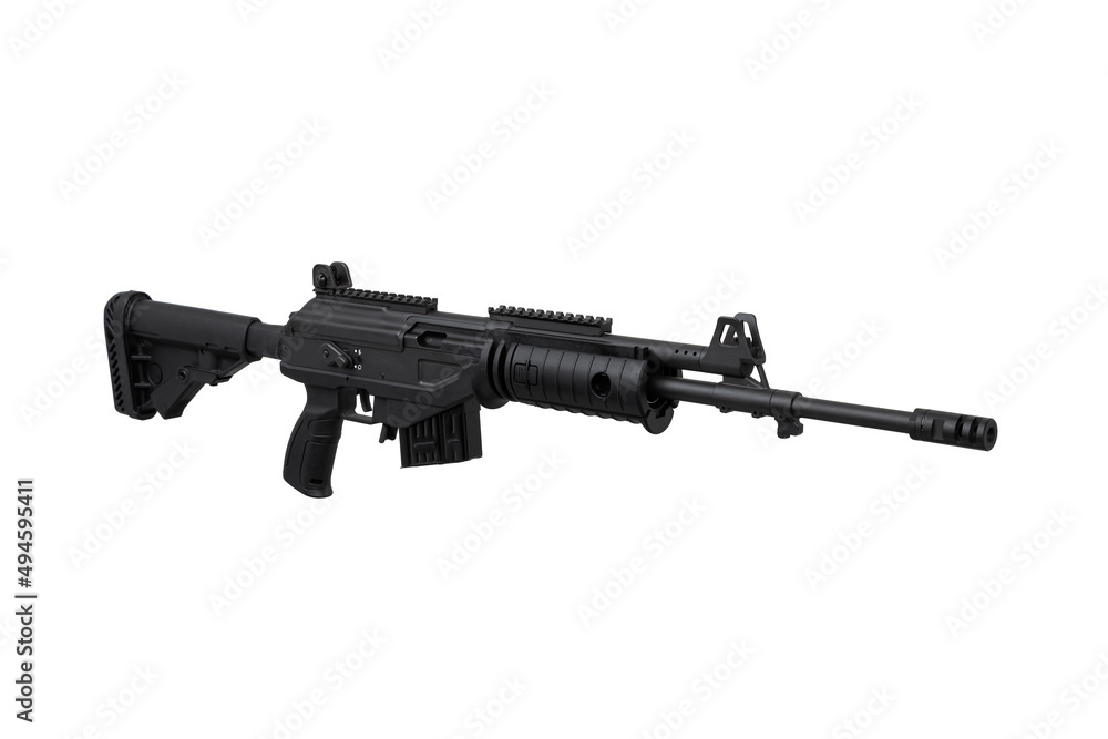 Soviet carbine in modern body kit isolate on a white background. Tuned automatic carbine of the USSR. Weapons for sports and self-defense. Soviet carbine in modern body kit isolate on a white background. Tuned automatic carbine of the USSR. Weapons for sports and self-defense.