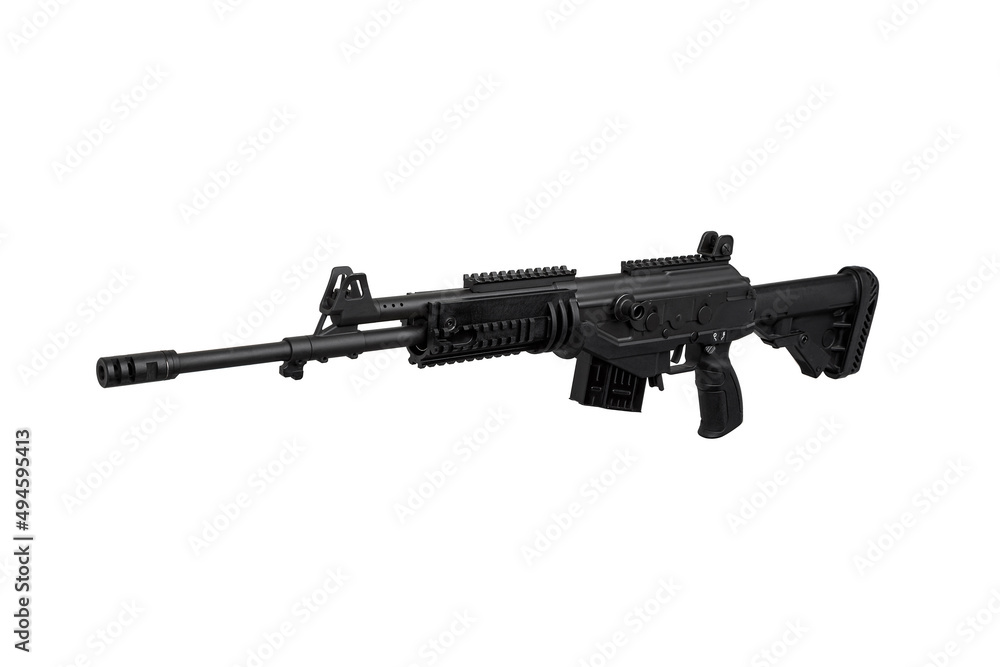 Soviet carbine in modern body kit isolate on a white background. Tuned automatic carbine of the USSR. Weapons for sports and self-defense. Soviet carbine in modern body kit isolate on a white background. Tuned automatic carbine of the USSR. Weapons for sports and self-defense.