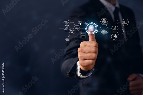 Businessmen Fingerprint scanning and biometric authentication, processing biometric access personal data. Person unlocking devices with fingerprint scan biometrics security digital interface concept