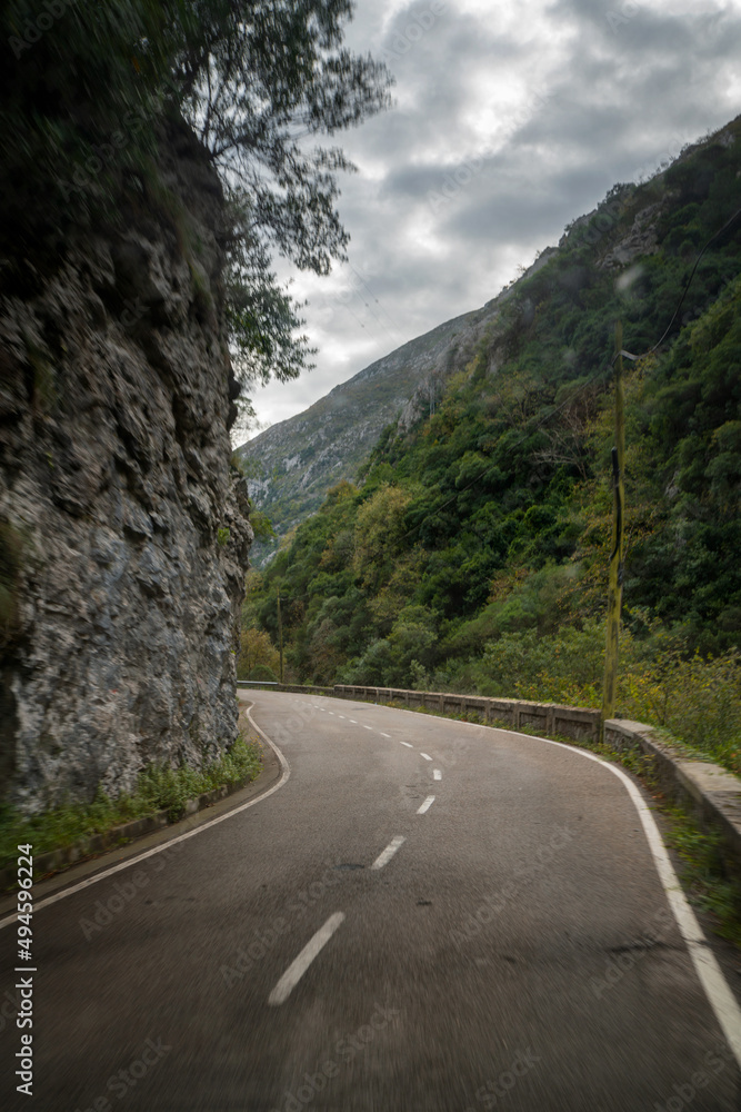 Road in Picos de Europa national park on a cloudy day, Spain
