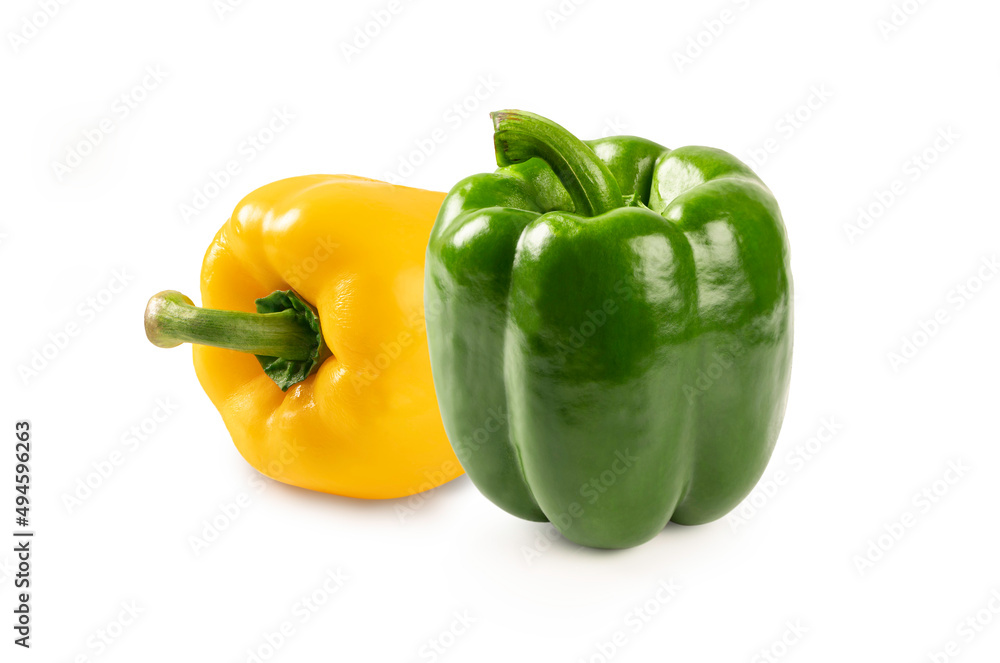 Yellow and green peppers isolated on white background.
Yellow and green peppers isolated on white background.