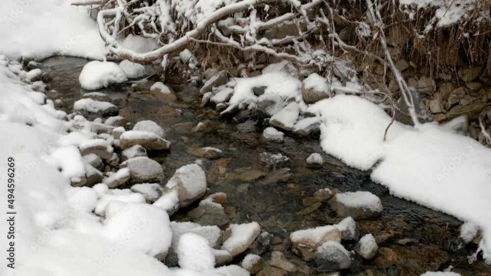 A stream in the snow in winter. A stream in the snow in winter.
