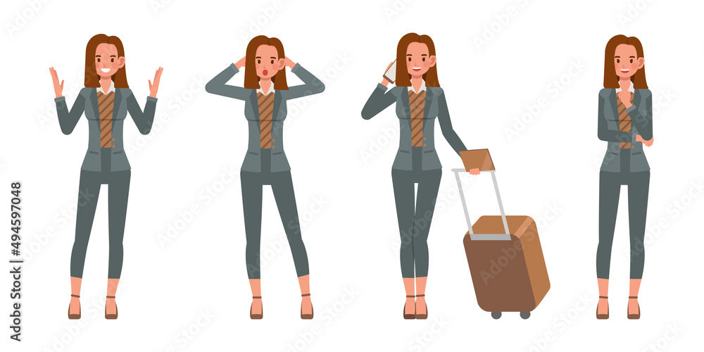 Set of office woman wear green suit character vector design. Presentation in various action. People working in office planning, thinking and economic analysis. Set of office woman wear green suit character vector design. Presentation in various action. People working in office planning, thinking and economic analysis.