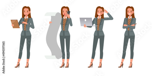 Set of office woman wear green suit character vector design. Presentation in various action. People working in office planning, thinking and economic analysis.