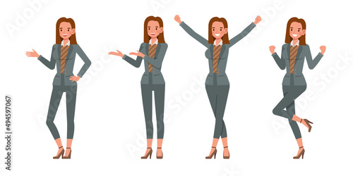 Set of office woman wear green suit character vector design. Presentation in various action. People working in office planning, thinking and economic analysis.