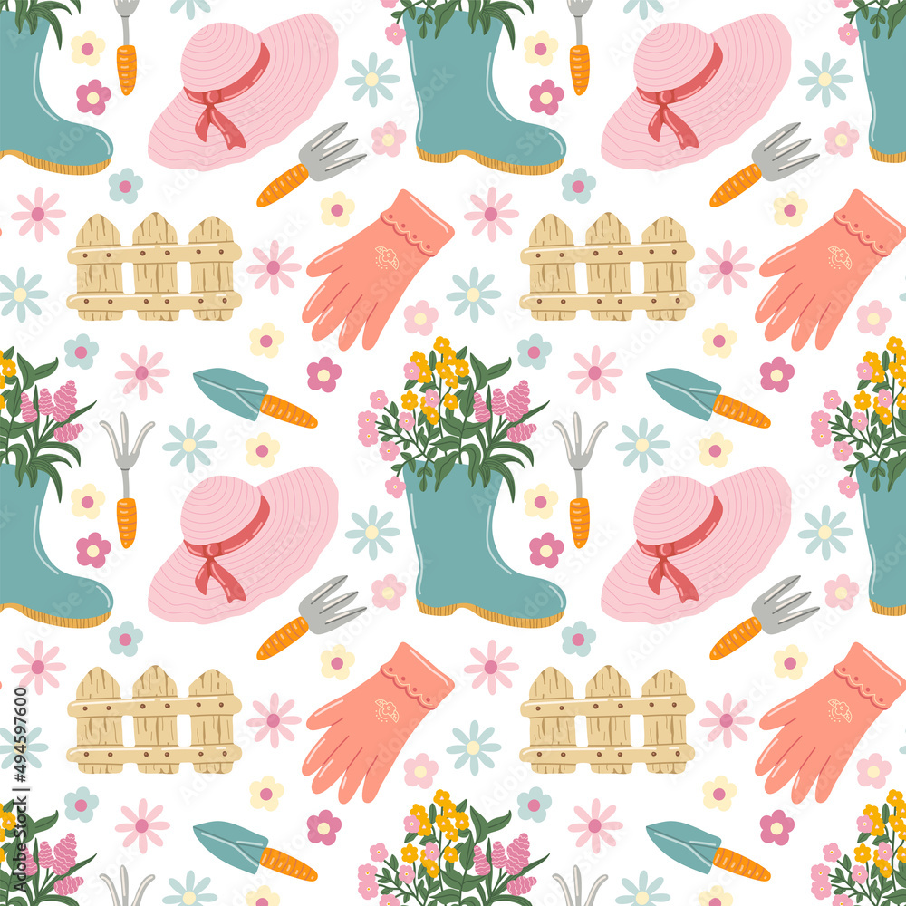 Fototapeta premium Vector seamless pattern with garden accessories, flowers and tools. Gardening. Springtime. Hand drawn illustration. The print is used for Wallpaper, fabric, textile.