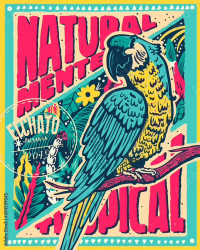 tropical, parrot, poster, flora, fauna, colombian