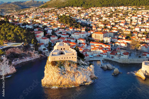 Aerial drone view of the Fort Lovrijenac or St. Lawrence Fortress lokated in the city of Dubrovnik in Croatia photo