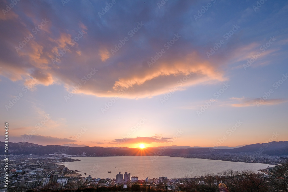 長野県諏訪市立石公園からの諏訪湖と夕日