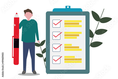 Man holding pencil and fill out the checklist. Vector illustration of Marked checklist on a clipboard paper.