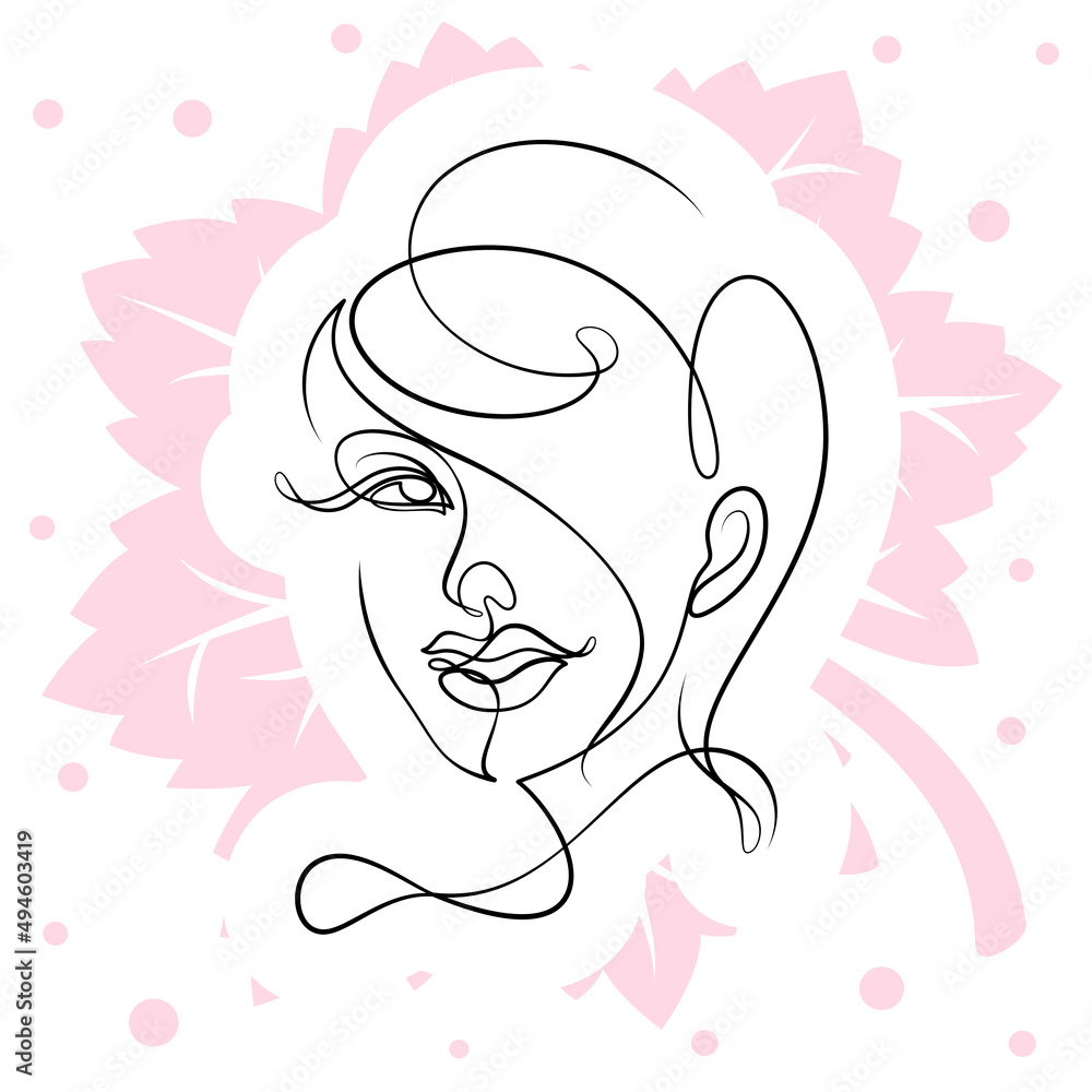 Fototapeta premium International Women's Day minimal design line drawing style. Portrait of young woman beauty face isolated on pink leaf background. Vector for Spa, fashion, hairdressing and beautiful artwork design.