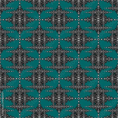 Seamless geometric ethnic fabric pattern, black and white floral pattern, Thai fabric pattern design, carpet, wallpaper, curtain, cushion, clothing, batik, cyan background fabric pattern