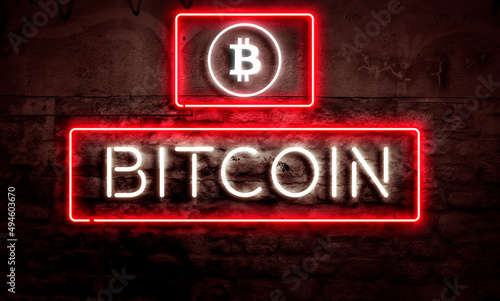 Bitcoin Word And Symbol Neon Sign On Grunge Brick Wall