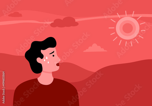 Sweaty man in hot climate with strong sunlight in flat design. Hot summer day concept.