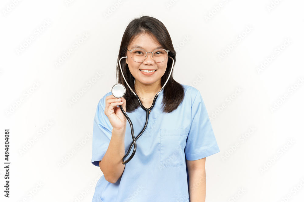 Showing Stethoscope Of Asian Young Doctor Isolated On White Background Showing Stethoscope Of Asian Young Doctor Isolated On White Background