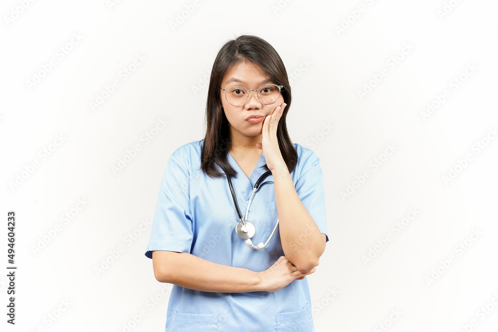Boring Gesture Of Asian Young Doctor Isolated On White Background Boring Gesture Of Asian Young Doctor Isolated On White Background