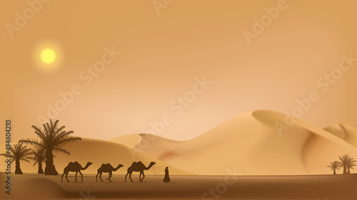 Desert landscape illustration of ramadan kareem with camel caravan silhouette vector illustration.  photo