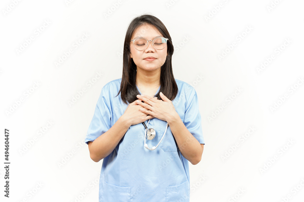 Self Love and Grateful Of Asian Young Doctor Isolated On White Background Self Love and Grateful Of Asian Young Doctor Isolated On White Background