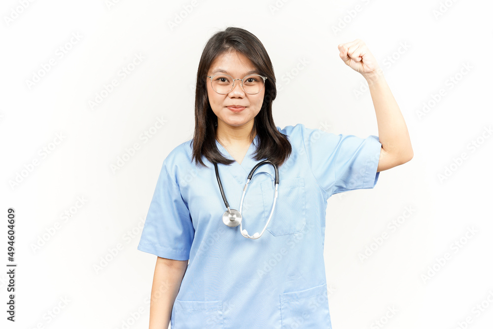 Showing Strength Arms Of Asian Young Doctor Isolated On White Background Showing Strength Arms Of Asian Young Doctor Isolated On White Background