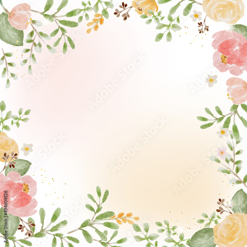 loose watercolor colorful roses and  wild flowers bouquet with gold glitter frame banner background