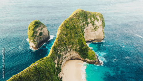 Aerial shot of the tropical coast of the island of Nusa Penida, beach of Kelingking