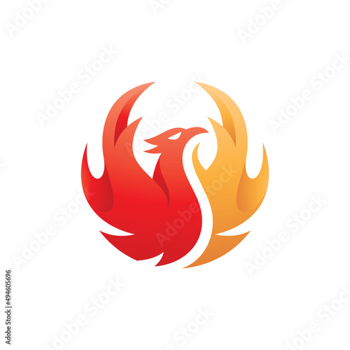 Modern gradient color style of phoenix or firebird logo design. Bird with fire or flame wing vector icon