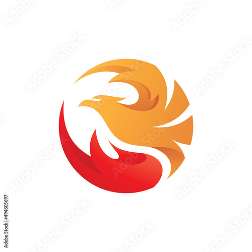 Abstract flying phoenix logo design. Bird and fire or flame wing vector icon with modern gradient color style