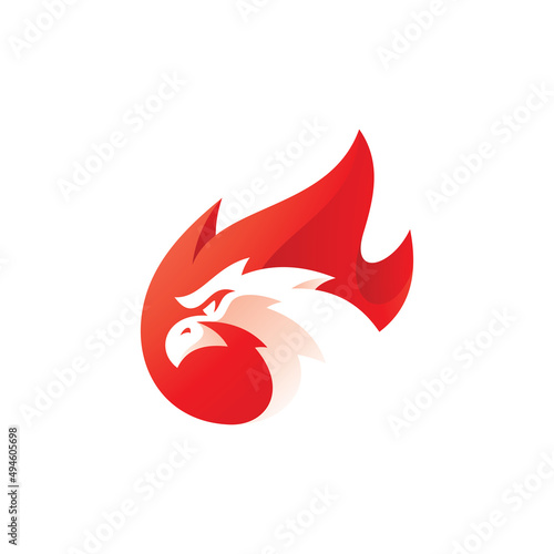 Negative space bird head and fire, flame logo design. Phoenix vector icon with modern gradient color