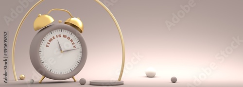 Finance management concept. Alarm clock with time is money text. 3D render